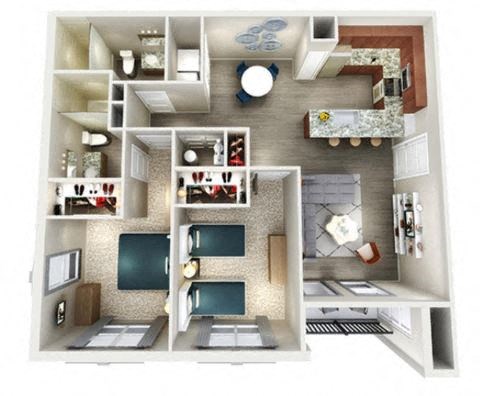Floor plan for 2 beds, 2 baths, 1050 sqft